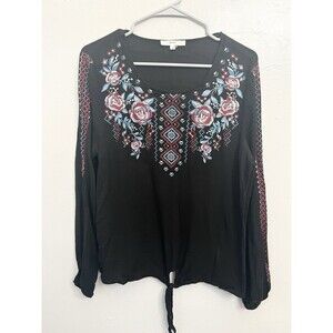 ANDREE by UNIT*Black Embroidered TOP **Size: Large Black*Flowers*Boho Shirt